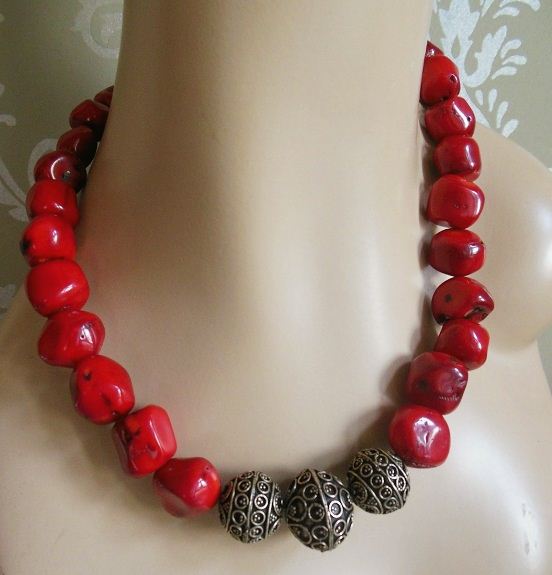 Designer Red coral gemstone sterling silver beaded necklace at ₹6200 ...