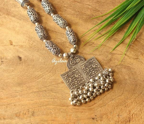 Ethnic silver tone handmade designer necklace at ₹3250 | Azilaa