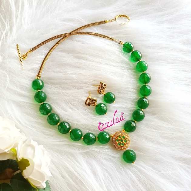 GREEN beaded gemstone choker necklace set at ₹1950 | Azilaa