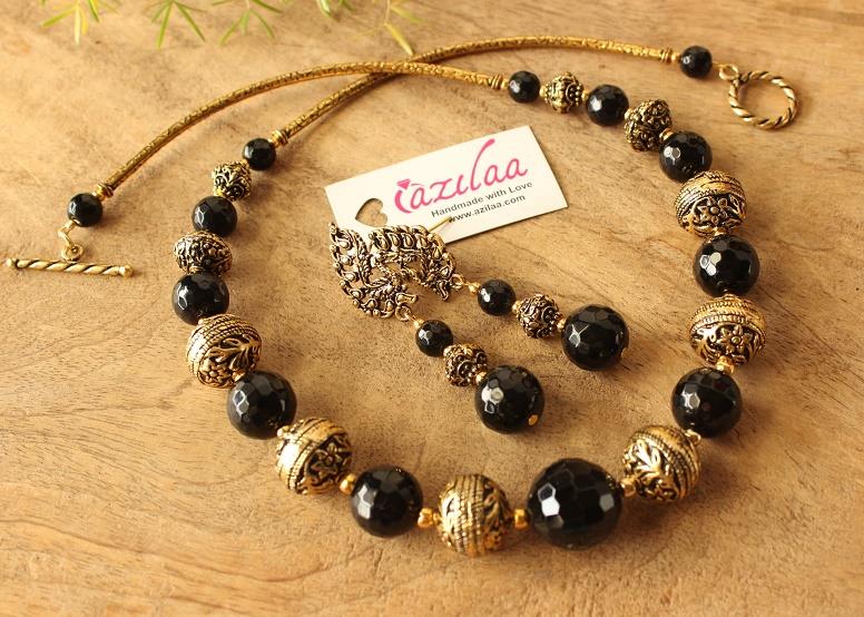 Designer Hand made Ganesha black bead necklace UTV65 – Urshi Collections
