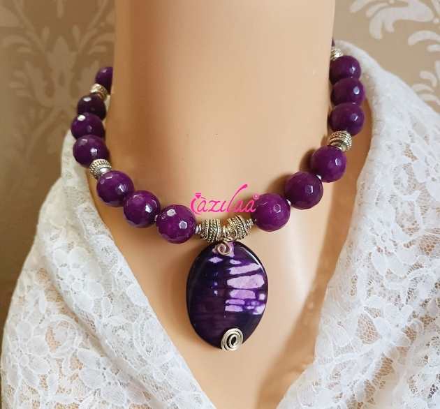 Beautiful AD Silver Polish Purple Necklace - South India Jewels