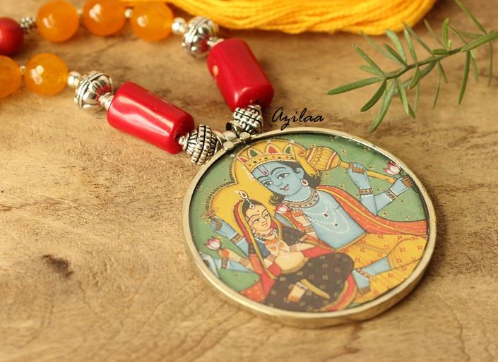 Radha Krishna Yugal Handpainted Necklace Set, Handmade earrings and handmade  necklace, Fabric Jewellery