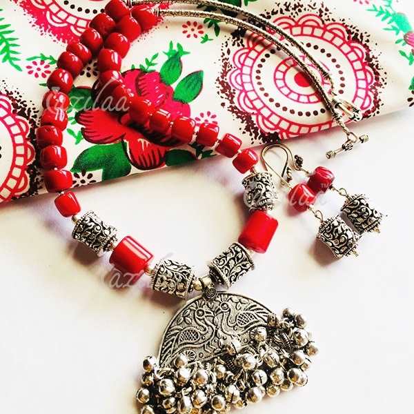 Red Ethnic oxidized silver plated thread handmade necklace set at ?1450